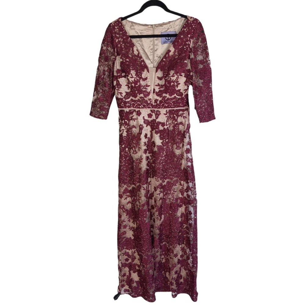 JS Collection Floral Embroidered Lace Gown 6 Wine Red/Rose - Picture 3 of 11